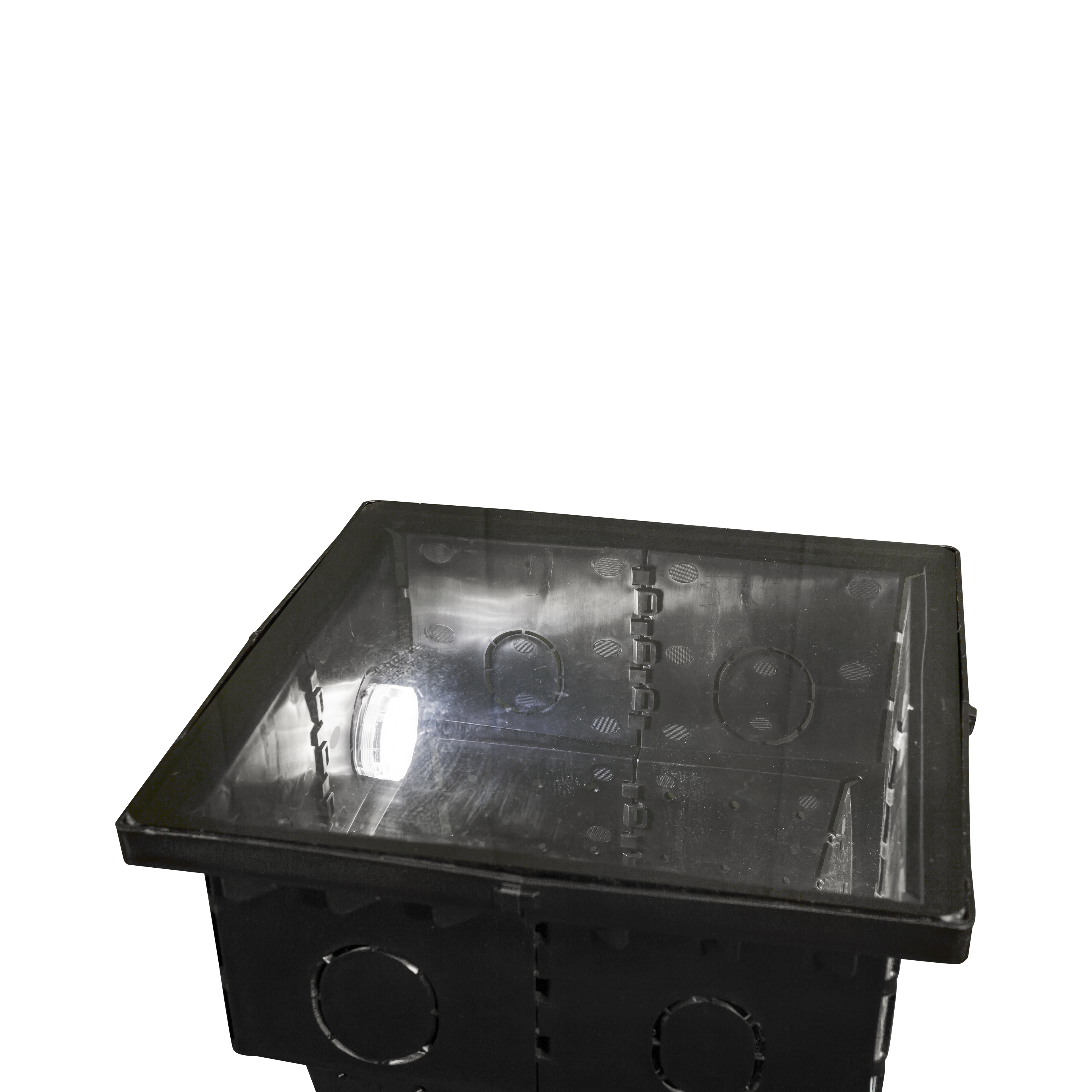 Sump pit with square solid see through lid and submersible LED light