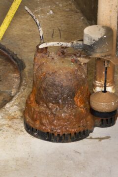 Rusty sump pump being replaced in Basement